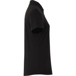 A black women's polo shirt with a collared neckline and short sleeves, featuring a logo.