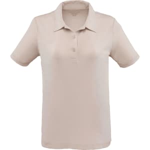 A light beige women's polo shirt with a classic collar and three-button placket, featuring a logo.