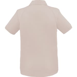A pale beige women's polo shirt featuring a back view and a collar, with a logo present.