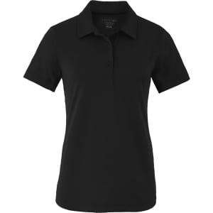 A black women's polo shirt with a collar and button placket, featuring a logo.
