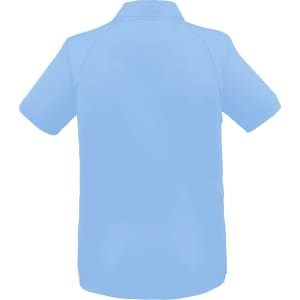 A light blue women's polo shirt with a collar, featuring a logo on the back.