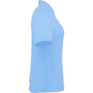 A light blue women's polo shirt with a standard collar and short sleeves. Features a logo on the chest.