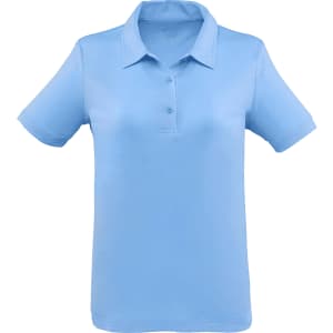 A women's polo shirt in light blue with a classic collar, short sleeves, and a logo on the chest.