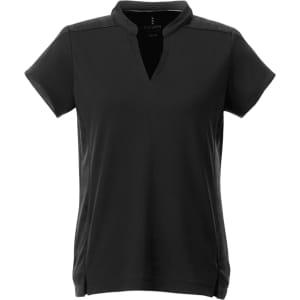 A women's short sleeve polo shirt in black, featuring a collared neckline and an understated design. It has a logo.