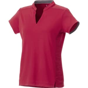 Red women's short sleeve performance polo shirt with a stylish collar and contrasting trim. Features a logo on the chest.