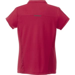 A red women's polo shirt featuring a short sleeve design and a logo on the back.