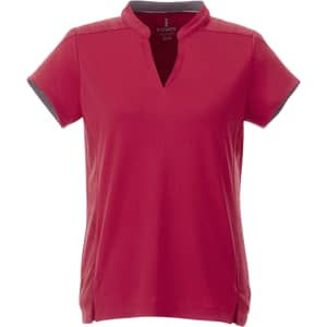 Women's short sleeve polo shirt in vibrant red with a contrasting grey collar, featuring a logo on the front.