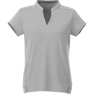 A light grey women's short sleeve performance polo shirt with a collar and side slits. It features a logo.