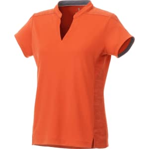 An orange women's performance polo shirt featuring a collar, short sleeves, and a subtle logo.