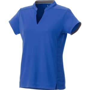 A women's short sleeve performance polo in vibrant blue, featuring a collar and a logo.