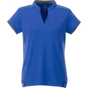 A blue women's polo shirt featuring short sleeves, a V-neck, and a contrasting collar. It has a logo.