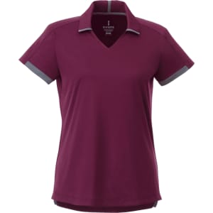 A women's short sleeve polo shirt in maroon with grey accents and a v-neck design. Features a logo.