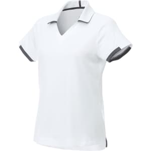 A white short sleeve polo shirt with grey accents and a collar, featuring a logo.