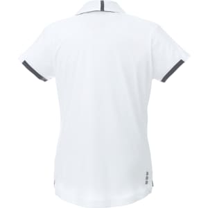 A white women's short sleeve performance polo shirt featuring black accents and a logo.