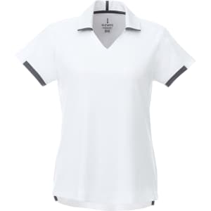 A women's short sleeve performance polo in white with grey accents and a v-neck design, featuring a logo.