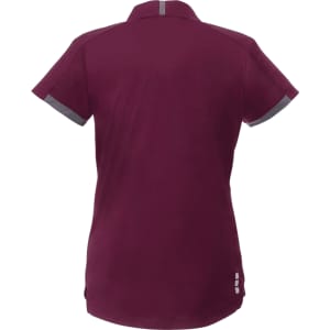 A maroon women's short sleeve performance polo shirt featuring a collar and grey accents. It has a logo on the back.