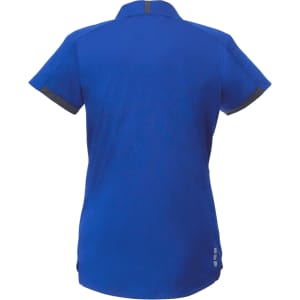 A blue women's short sleeve performance polo with a collared neckline and contrasting trim. The shirt features a logo.