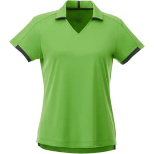 A green women's polo shirt with short sleeves and a V-neck, featuring a contrasting trim. It has a logo.