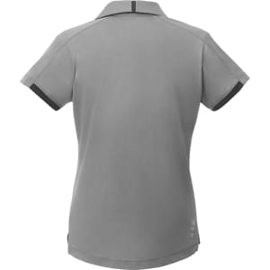 A grey women's performance polo with short sleeves and a collar, featuring contrasting trim and a logo.