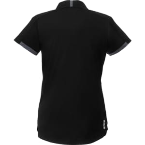 A black women's short sleeve performance polo with a modern design, featuring a logo on the back.