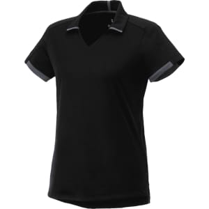 A black women's short sleeve polo shirt with contrast trim and a logo. Suitable for performance wear.