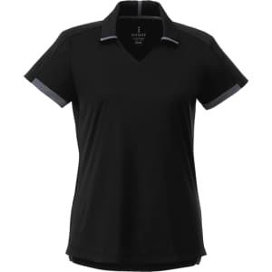 A black short sleeve polo shirt with a v-neck design and contrasting trim. Features a logo.