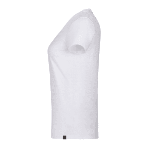 A side view of a women's short sleeve tee in white, featuring a simple design and a small logo tag.