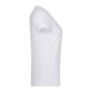 A white short sleeve women's t-shirt with a fitted silhouette and a logo on the side.