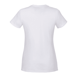A women's short sleeve tee in white, featuring a fitted design and a logo on the back.