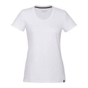 A white women's short sleeve tee featuring a round neckline and a small logo tag on the hem.