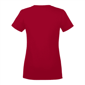 A red short sleeve women's tee with a fitted design and a simple back. It features a logo.