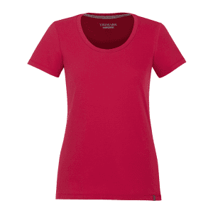 A vibrant red short sleeve T-shirt for women, featuring a scoop neck and a small logo.