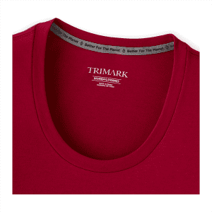 A maroon short sleeve women's t-shirt with a rounded neckline and a logo on the interior tag.