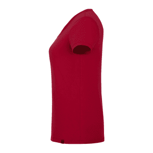 A red short sleeve women's t-shirt featuring a round neckline and a small logo at the hem.