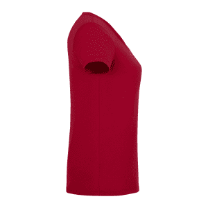 A red women's short sleeve T-shirt with a classic fit, featuring a logo on the side.