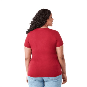 A red women's short sleeve tee with a fitted design and casual style. The shirt features a logo on the back.