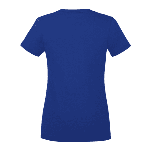 A blue women's short sleeve tee with a fitted design and a logo on the back.