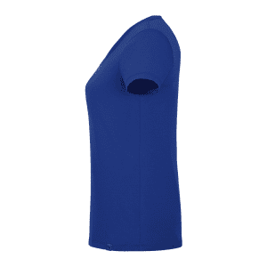A blue women's short sleeve tee with a fitted design, featuring a logo on the lower hem.