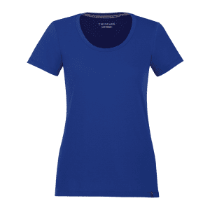 A women's short sleeve T-shirt in a vibrant blue colour, featuring a round neckline and a small logo.