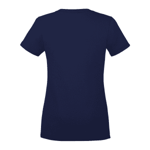 A women's short sleeve tee in navy blue with a fitted style and a logo on the back.