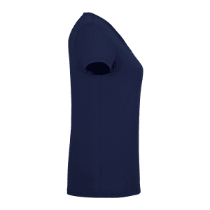 A navy women's short sleeve t-shirt with a simple design and a logo on the front.