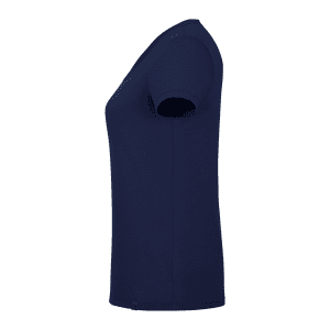 A navy blue short sleeve women's T-shirt with a fitted design and a small logo at the hem.