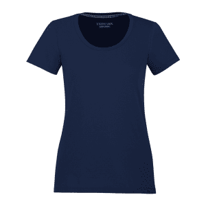 A navy women's short sleeve tee featuring a rounded neckline and a logo.