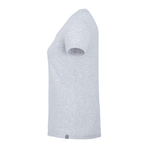 A women's short sleeve tee in light grey, featuring a fitted design and a logo detail at the hem.