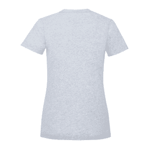 A grey women's short sleeve t-shirt with a fitted design and a branding logo.