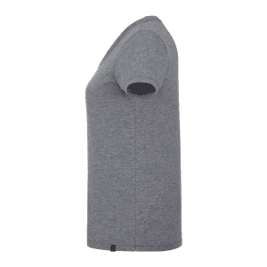 A grey women's short sleeve t-shirt with a fitted design, featuring a tag on the side.