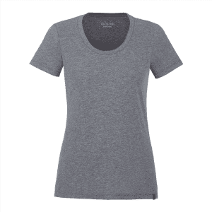 A women's short sleeve tee in grey, featuring a round neckline and a subtle logo.