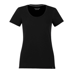 A black women's short sleeve t-shirt featuring a round neckline and a logo on the inside collar.