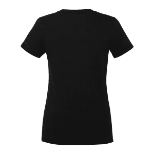 A black women's short sleeve t-shirt, featuring a simple design and a logo on the back.
