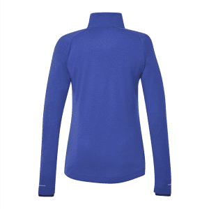 A blue women's jacket featuring a high collar and long sleeves, with a logo on the back.
